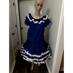 2 piece vintage blue, white, and sequin ruffle set